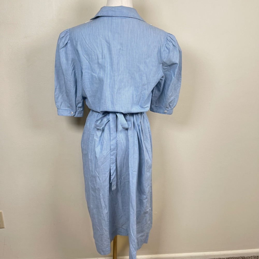 Vintage Pin Stripe Shirt Dress Womens 10 Blue Floral Embroidery Bib Collar 80s - Picture 7 of 13